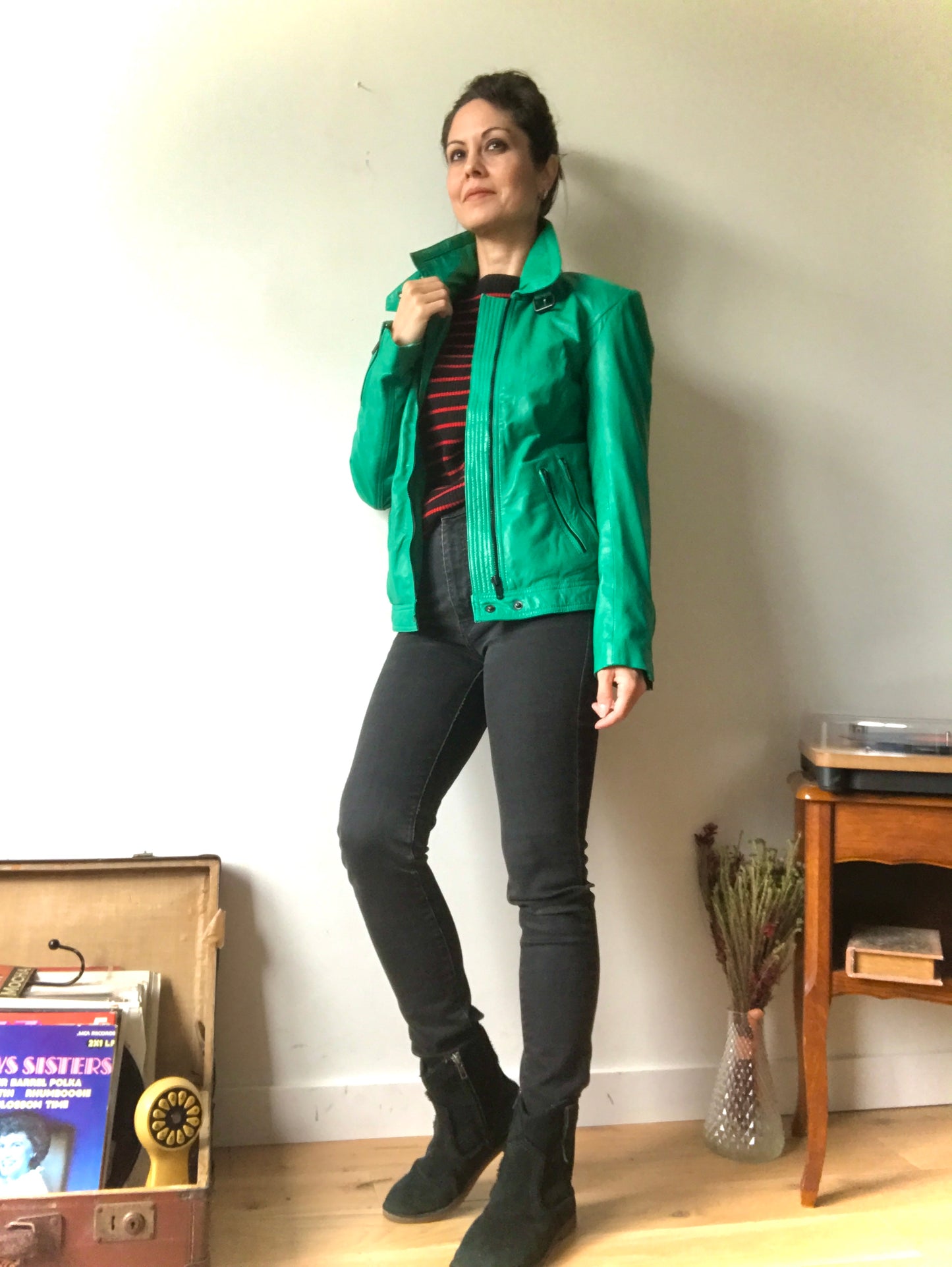 Green leather biker