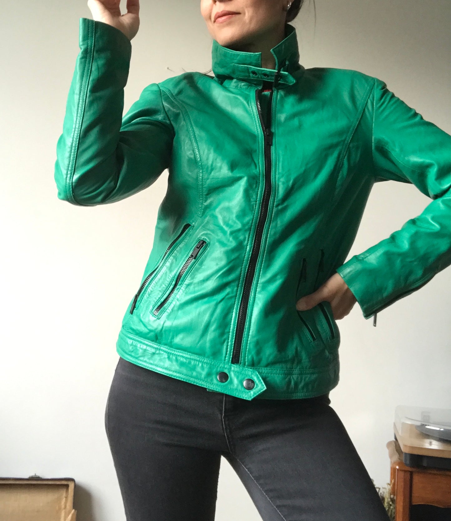 Green leather biker