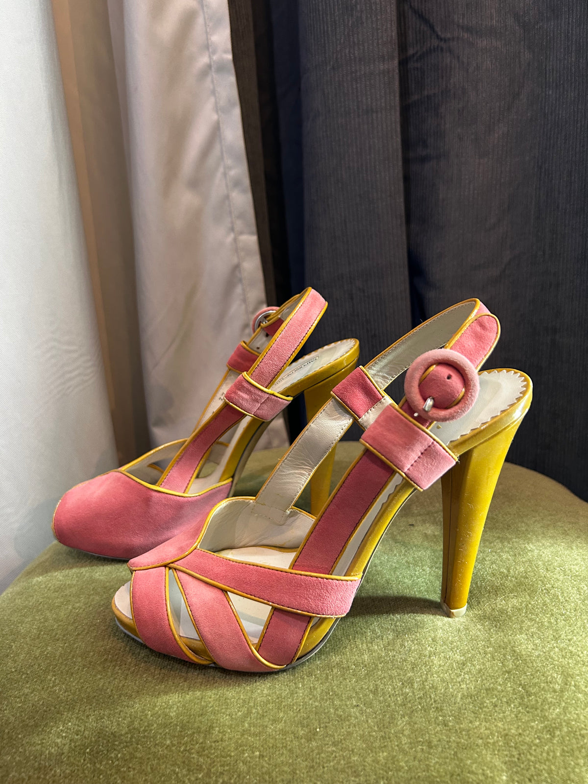Emporio Armani Pink Suede & Mustard Yellow Leather Heeled Sandals (Size 37)