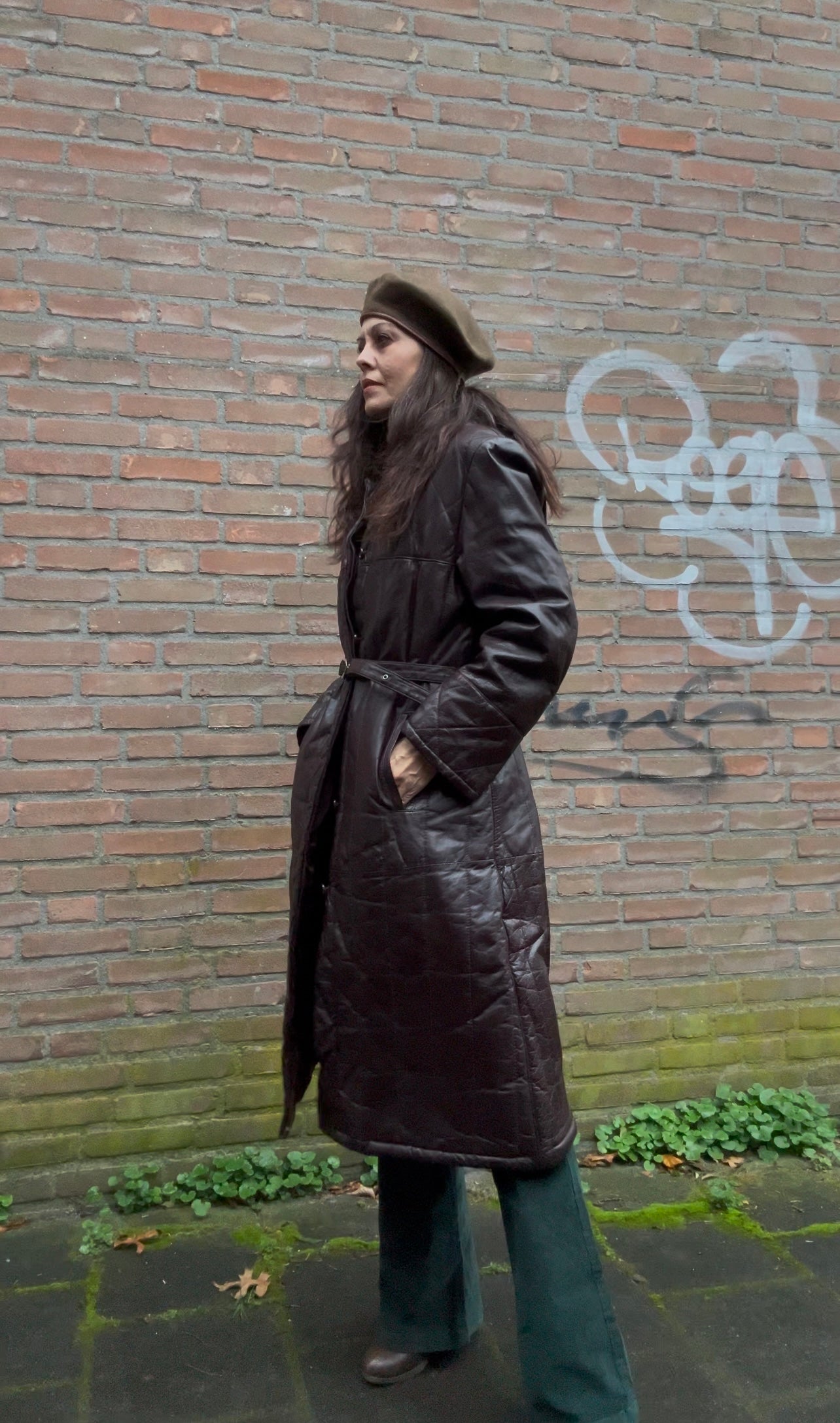 Leather trench coat with padded lining