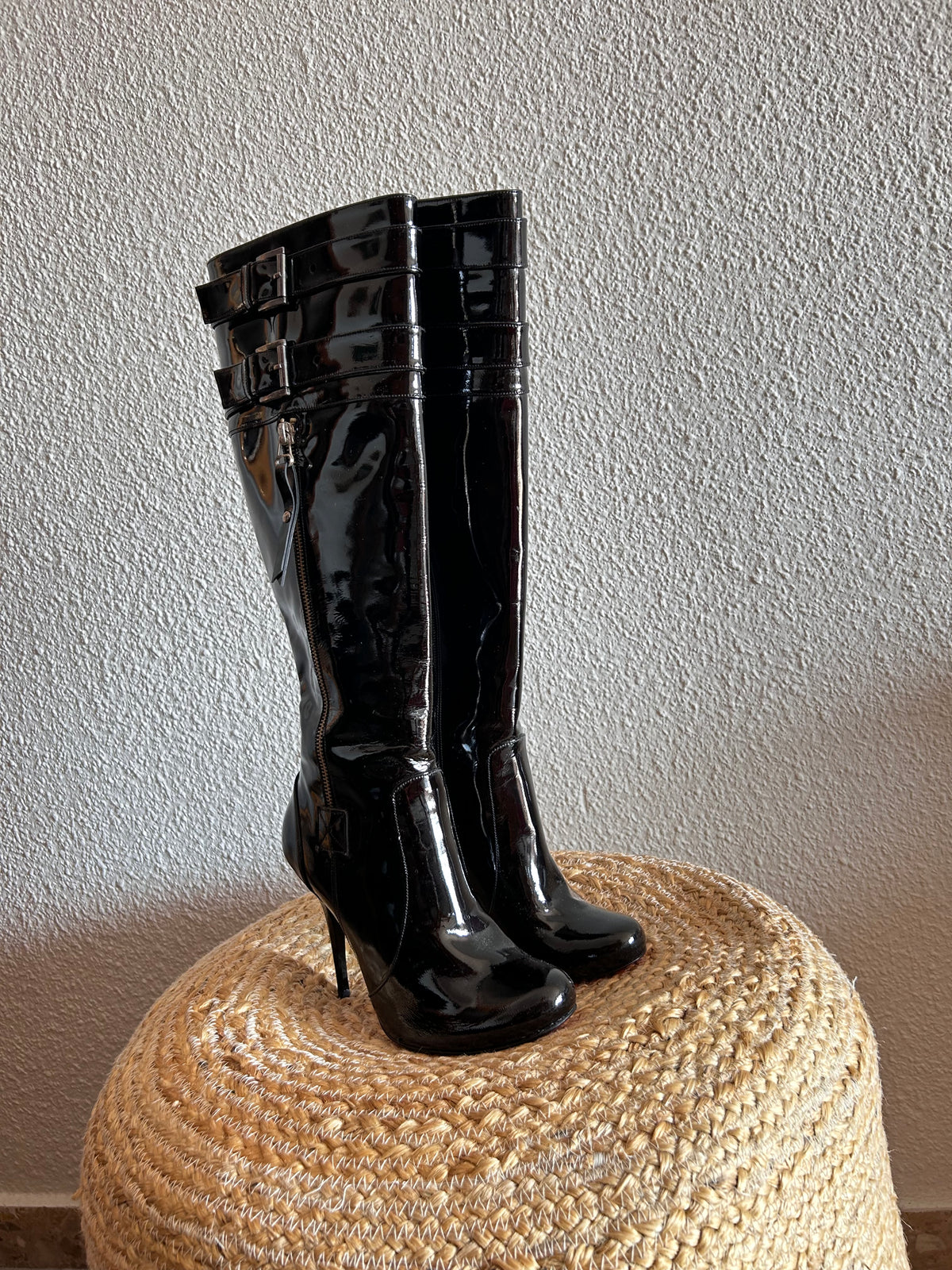 Tucino Black Patent Leather Knee-High Stiletto Buckle Boots – Size 37