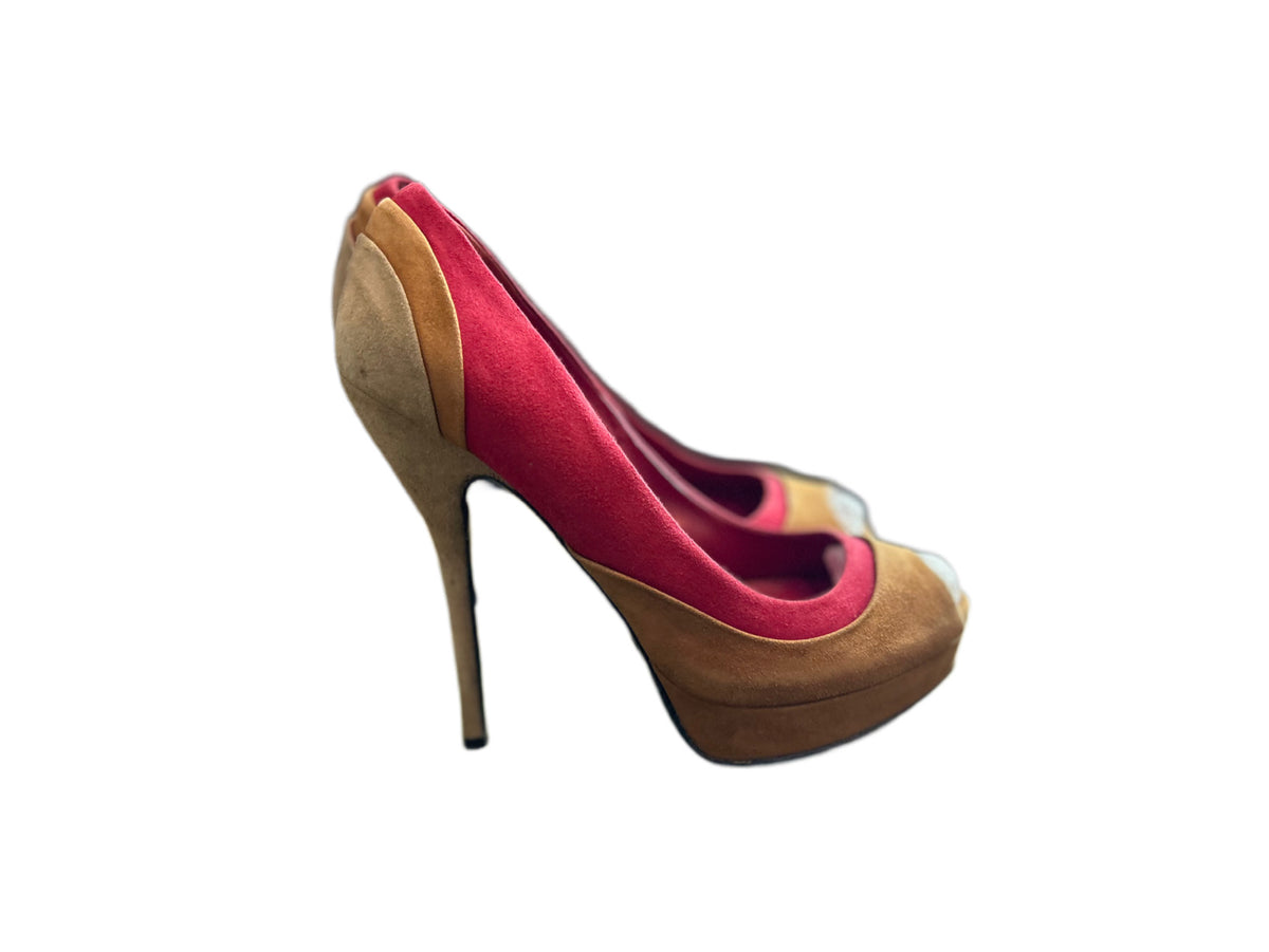 Gucci Tricolor Suede Peep-Toe Platform Pumps - Size 37.5 C⁠