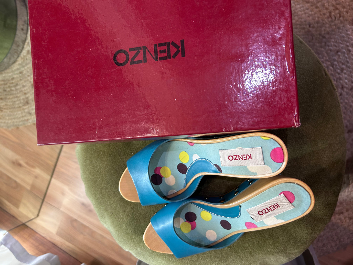 KENZO Vintage Turquoise Leather Wooden Wedge Sandals EU 36