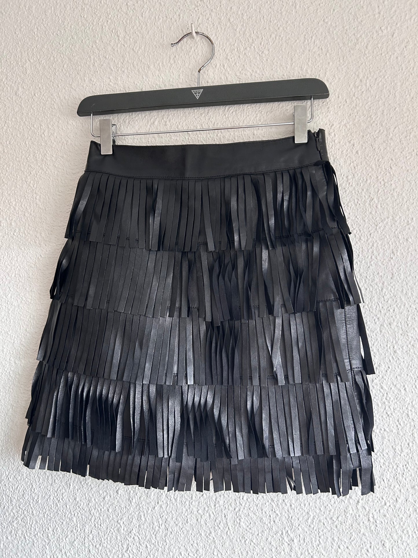 Caroll lamb leather fringe skirt