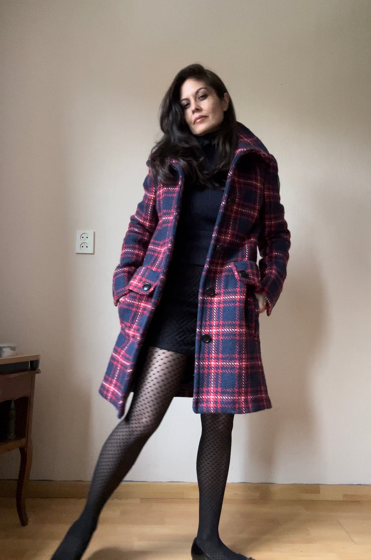 Checkered wool winter coat