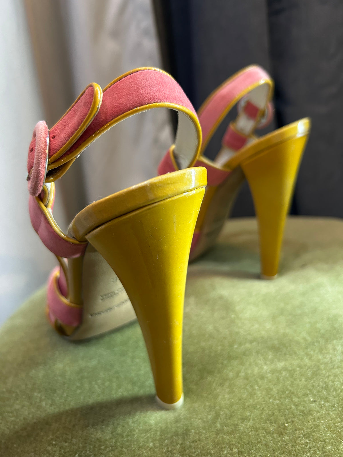 Emporio Armani Pink Suede & Mustard Yellow Leather Heeled Sandals (Size 37)