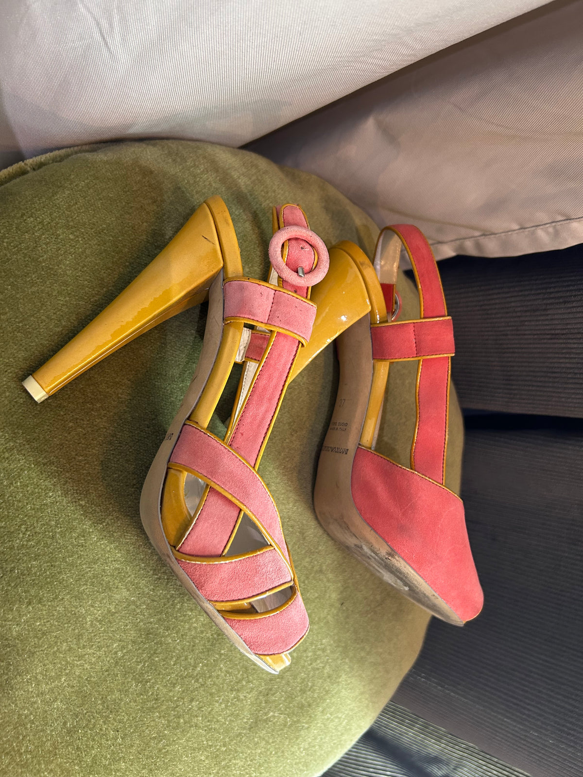 Emporio Armani Pink Suede & Mustard Yellow Leather Heeled Sandals (Size 37)