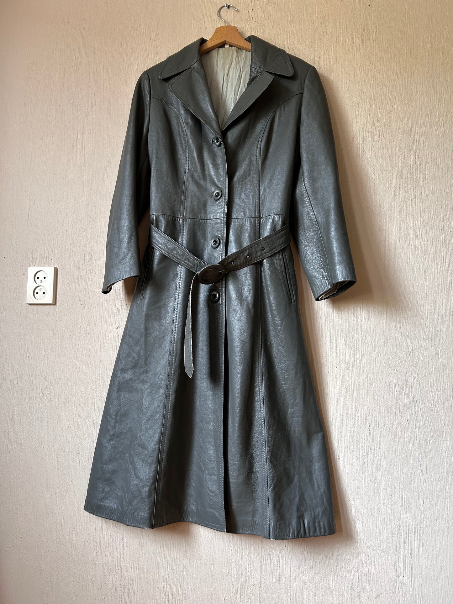 70s vintage belted leather trench