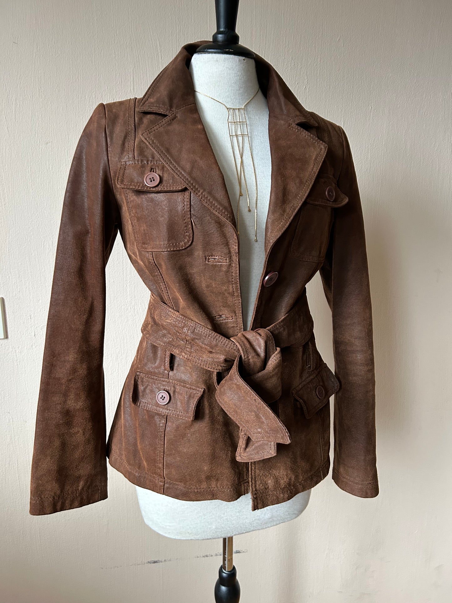 Belted leather jacket