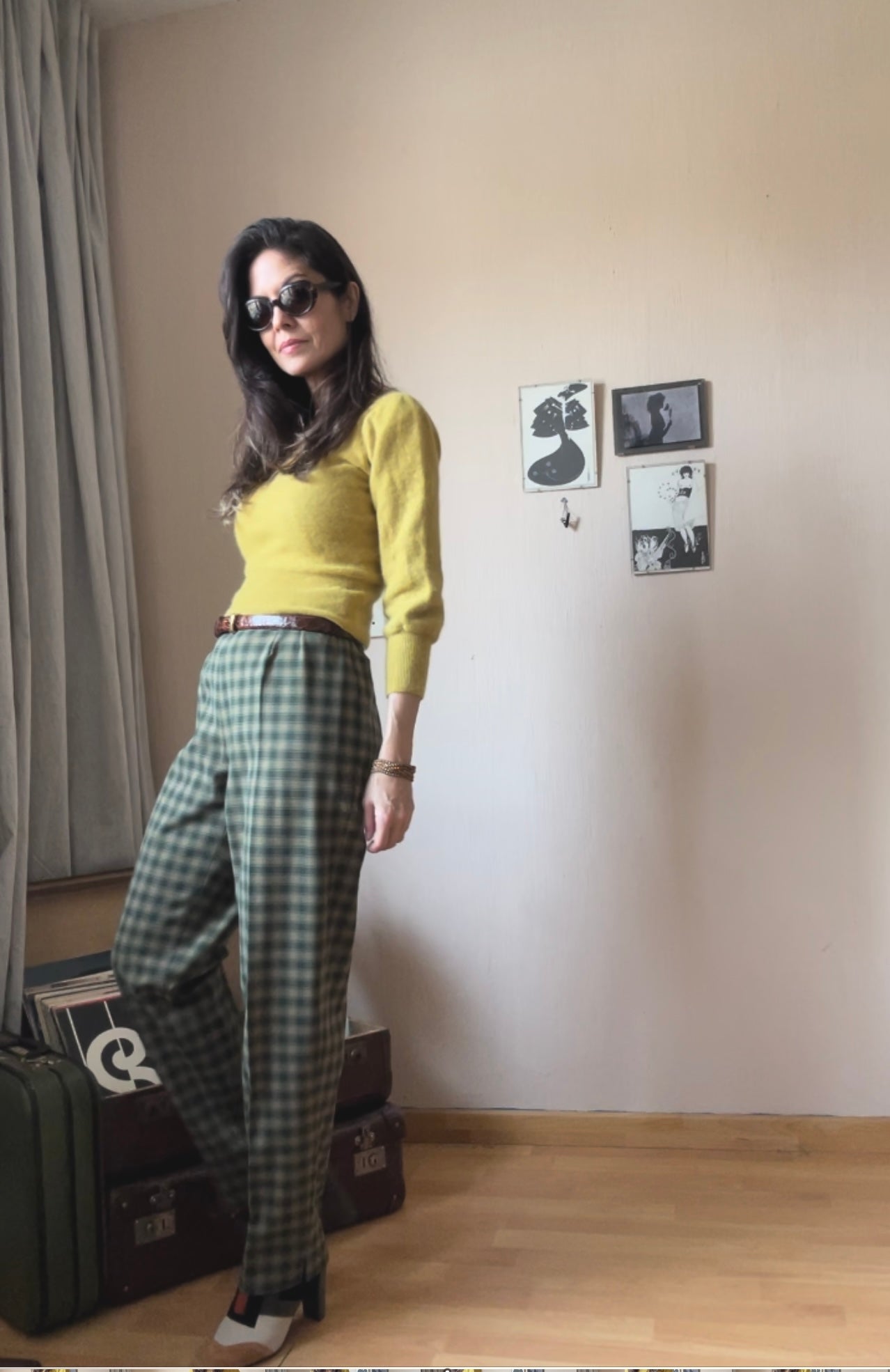 Pleated high waist plaid trousers