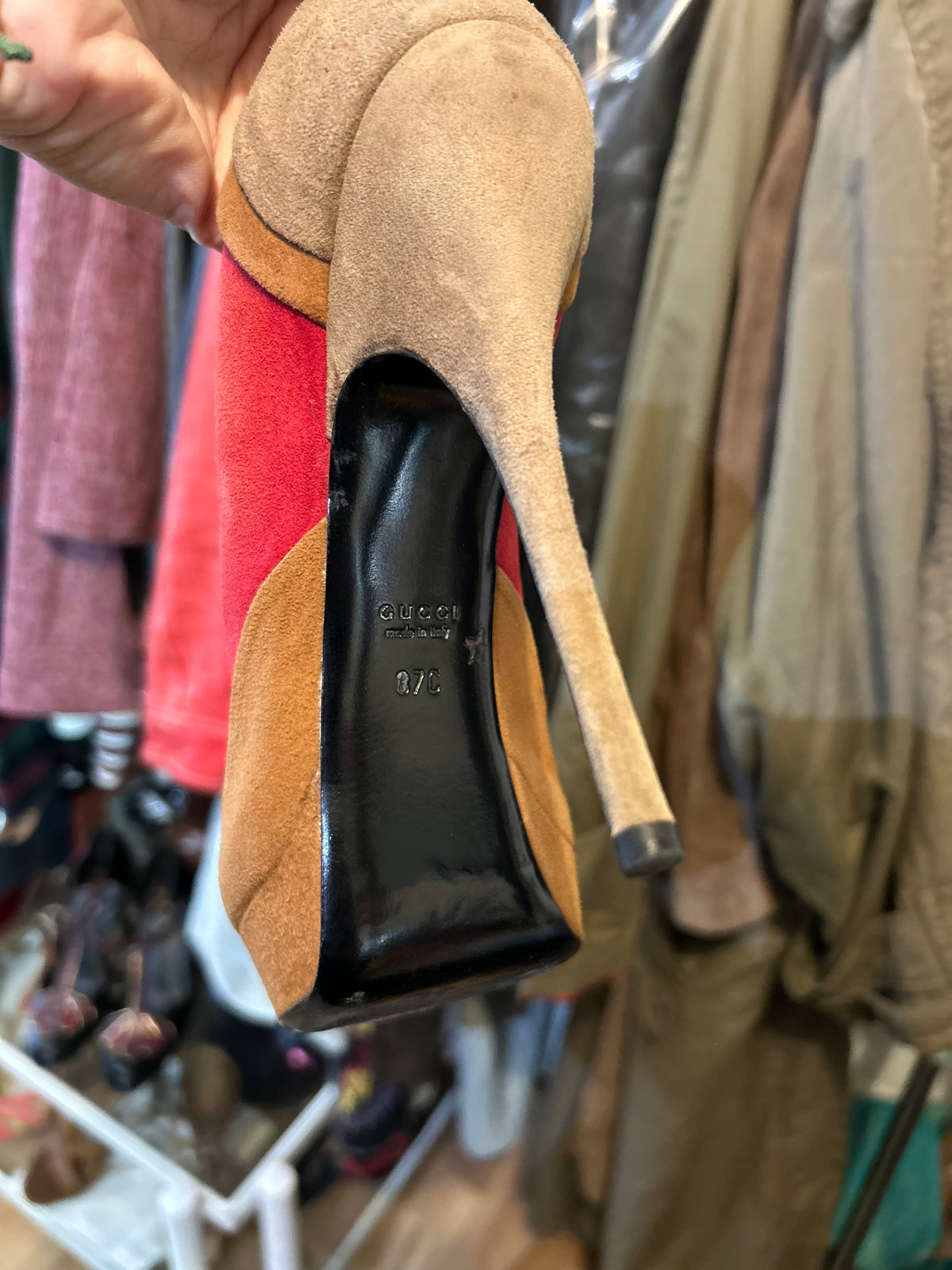 Gucci Tricolor Suede Peep-Toe Platform Pumps - Size 37.5 C⁠