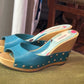 KENZO Vintage Turquoise Leather Wooden Wedge Sandals EU 36