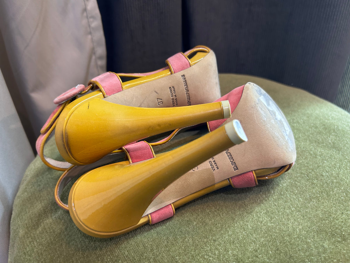 Emporio Armani Pink Suede & Mustard Yellow Leather Heeled Sandals (Size 37)