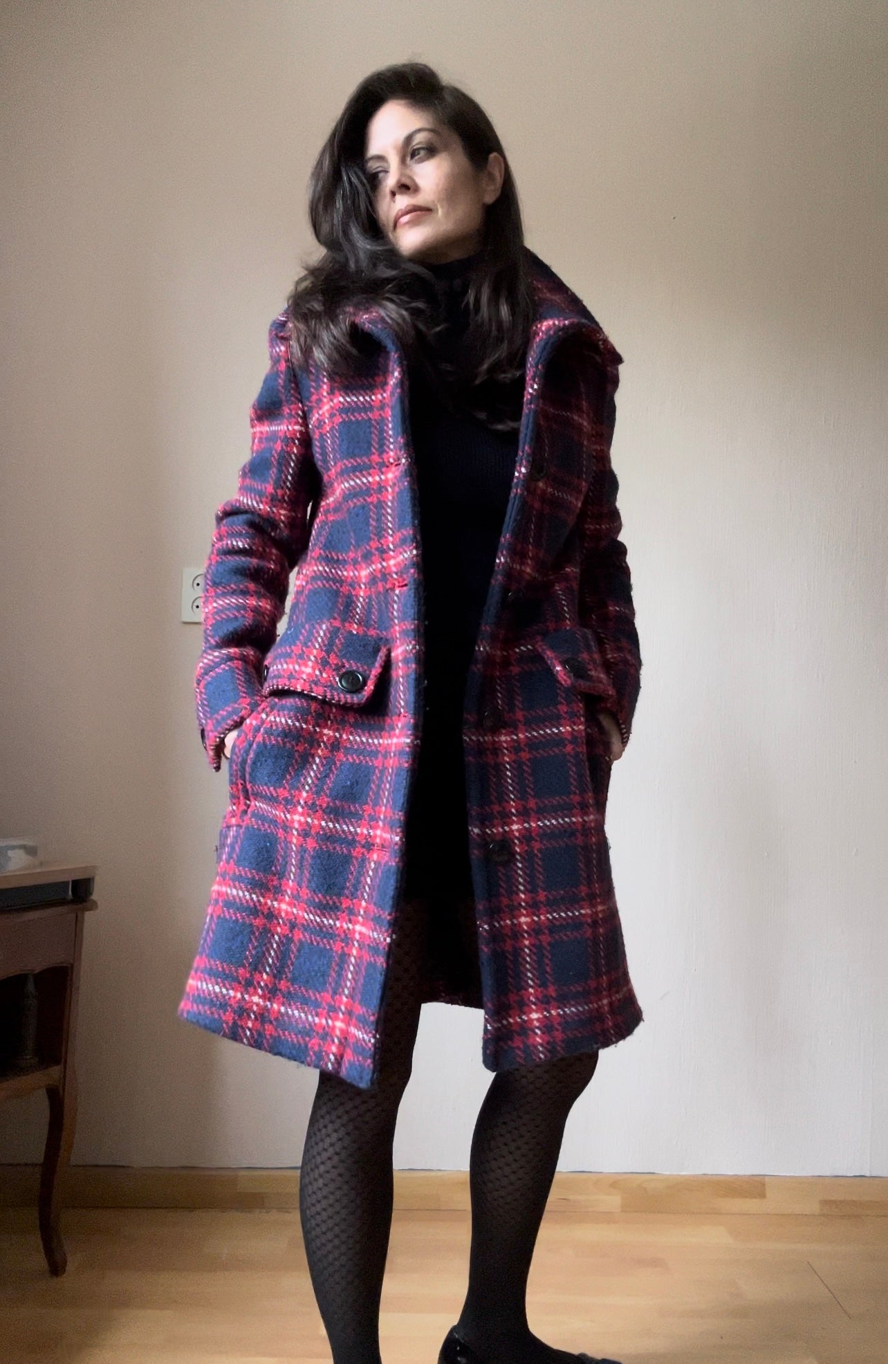 Checkered wool winter coat