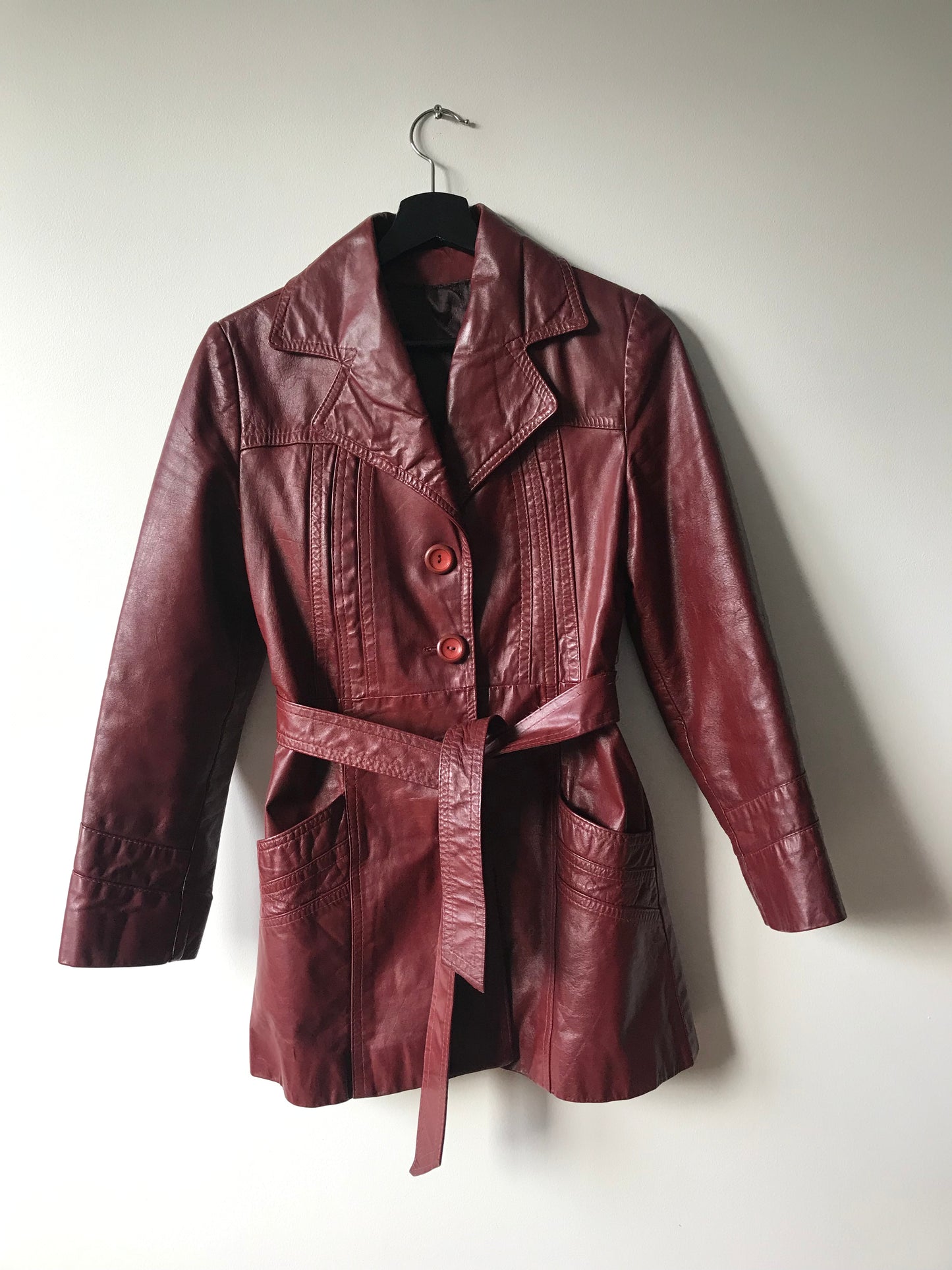 Bordeaux leather trench coat