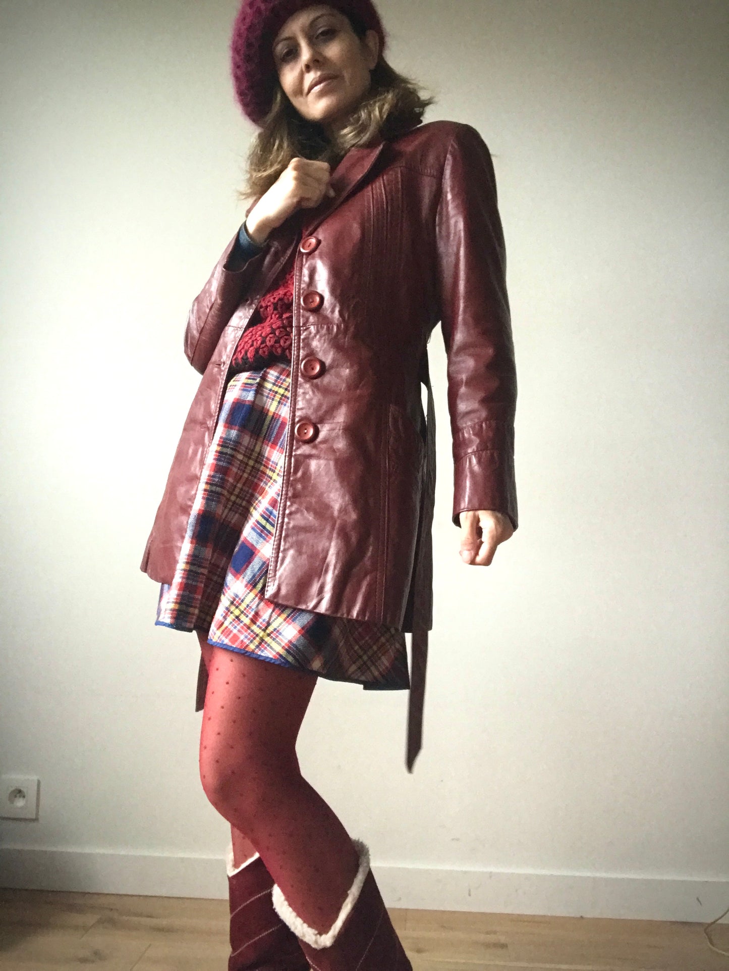 Bordeaux leather trench coat