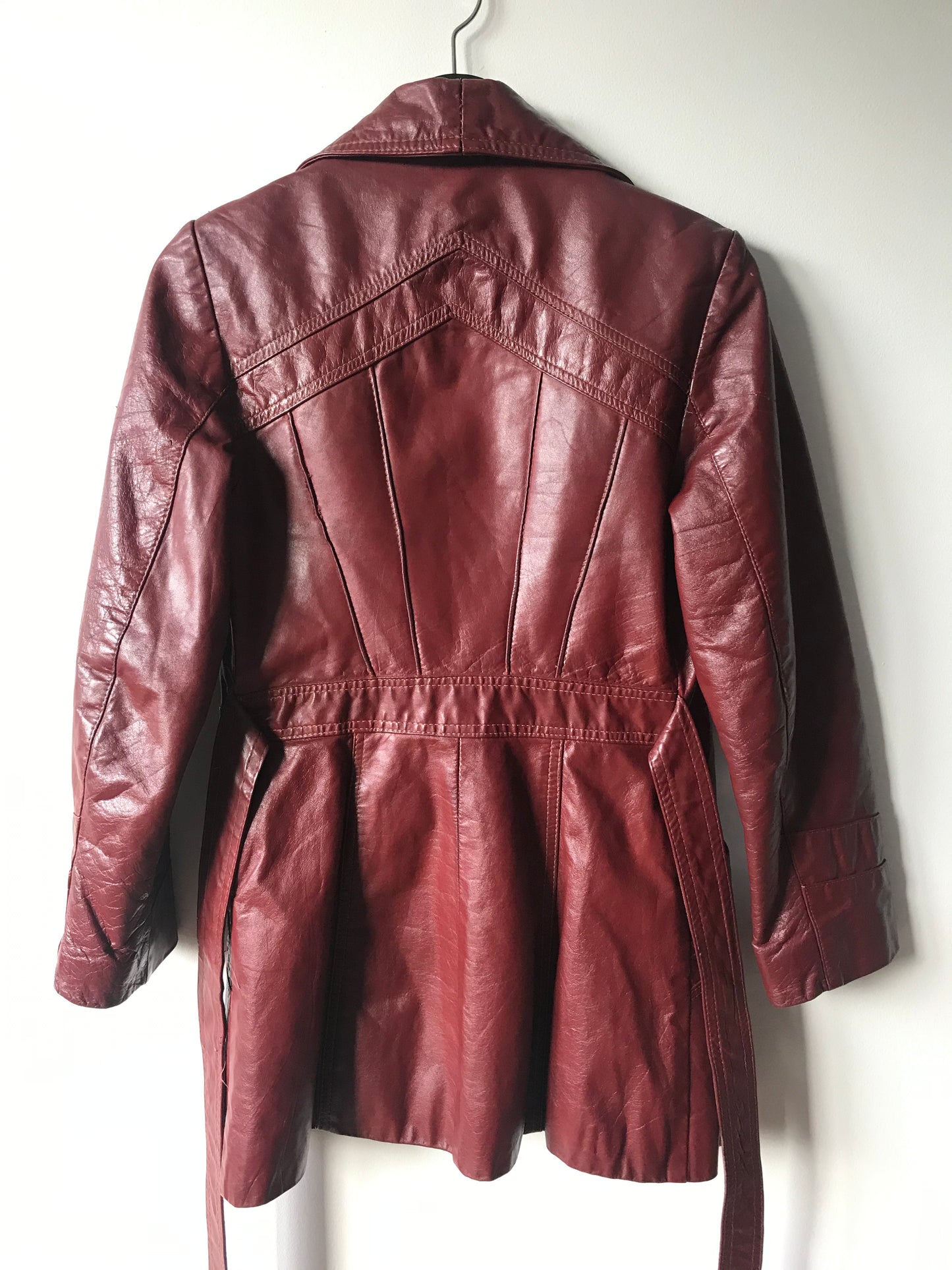 Bordeaux leather trench coat