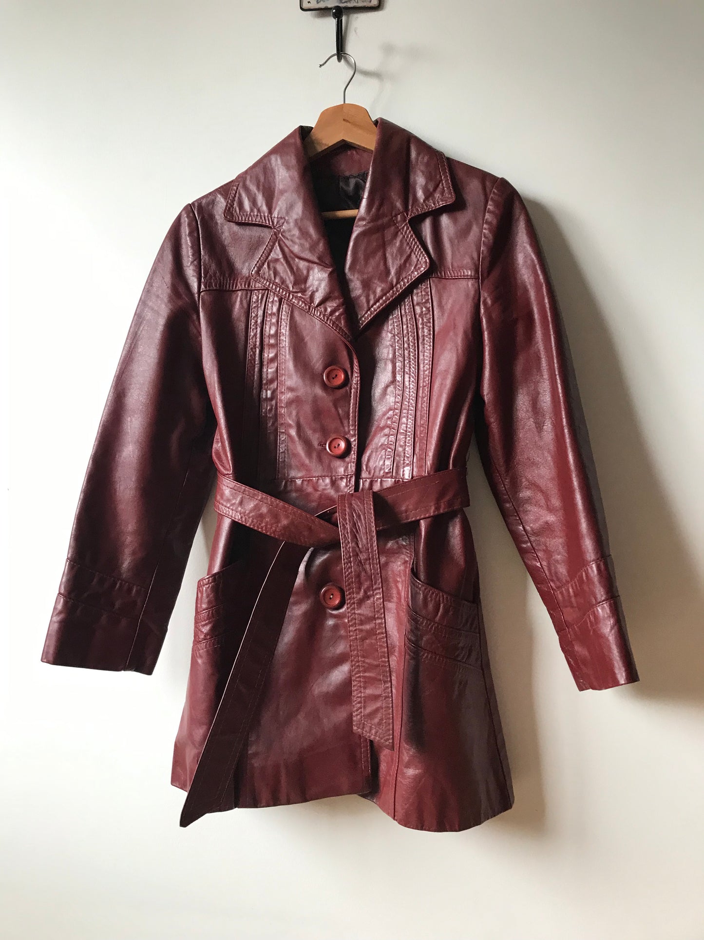 Bordeaux leather trench coat