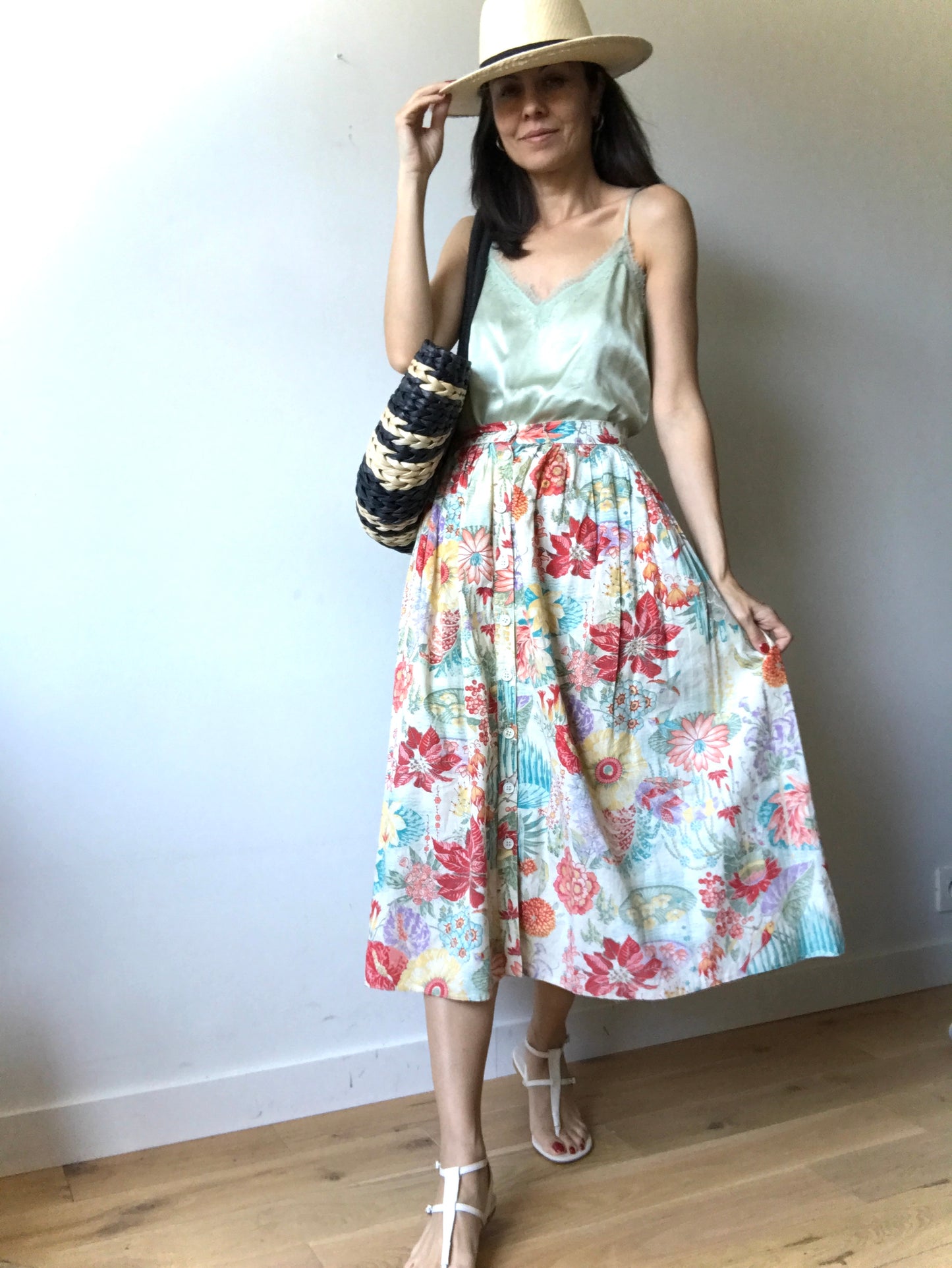 Floral print vintage midi skirt