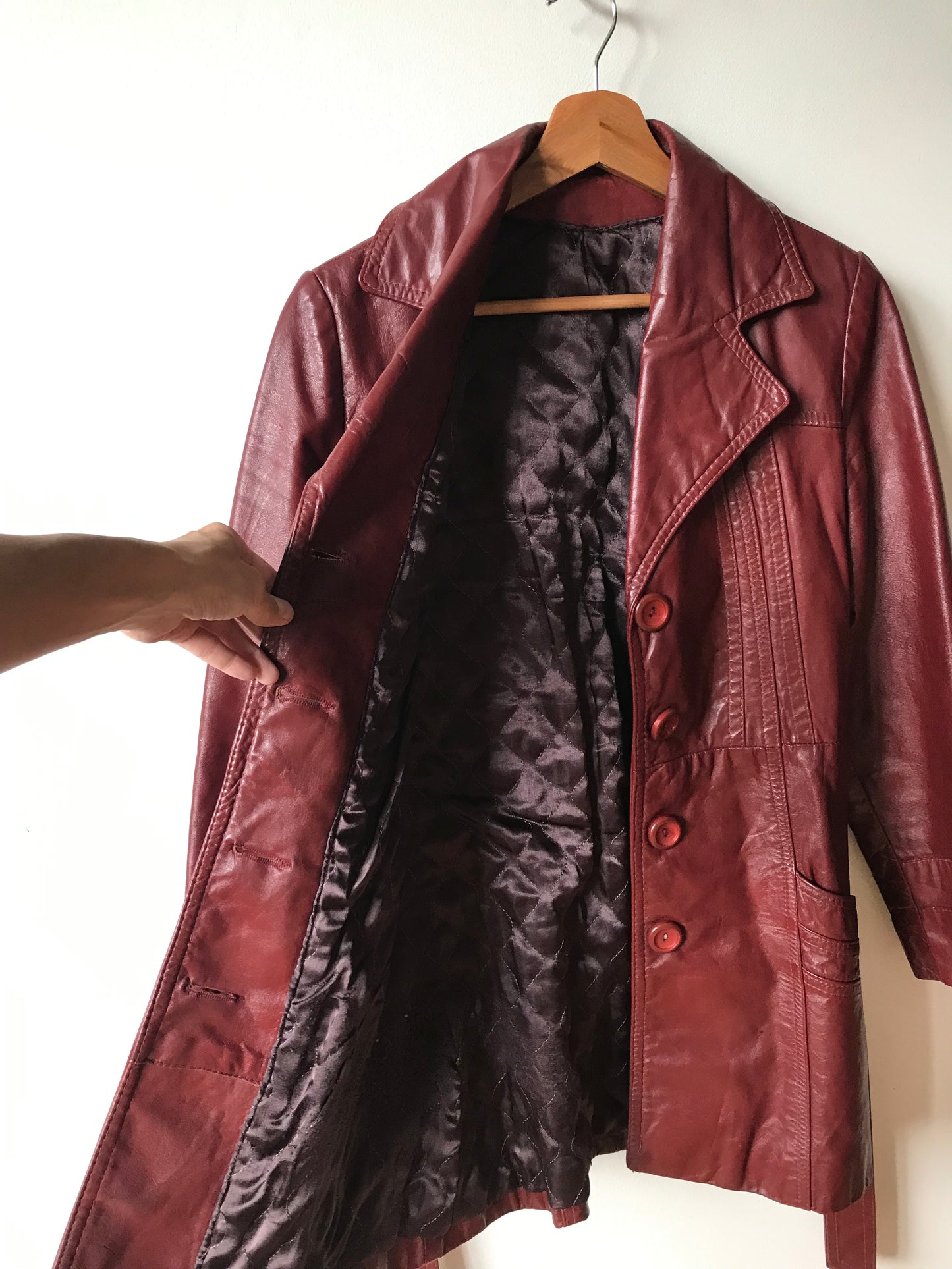 Bordeaux leather trench coat