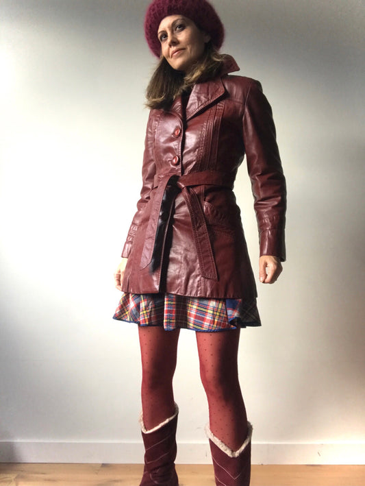 Bordeaux leather trench coat