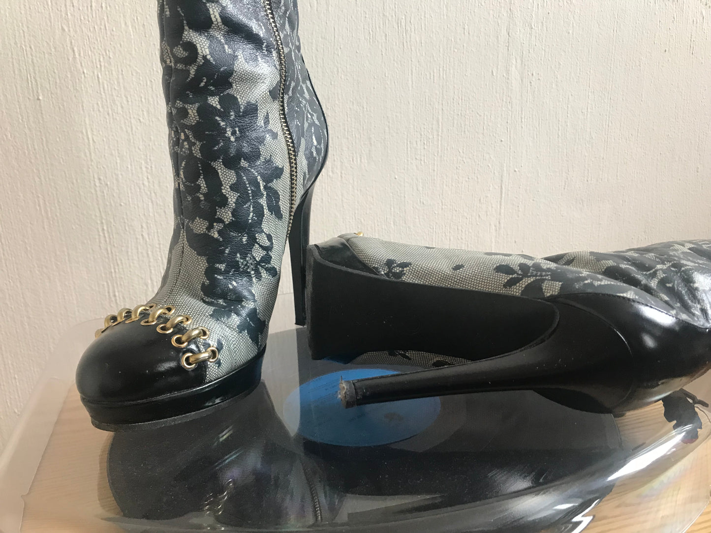 Moschino lace print boots