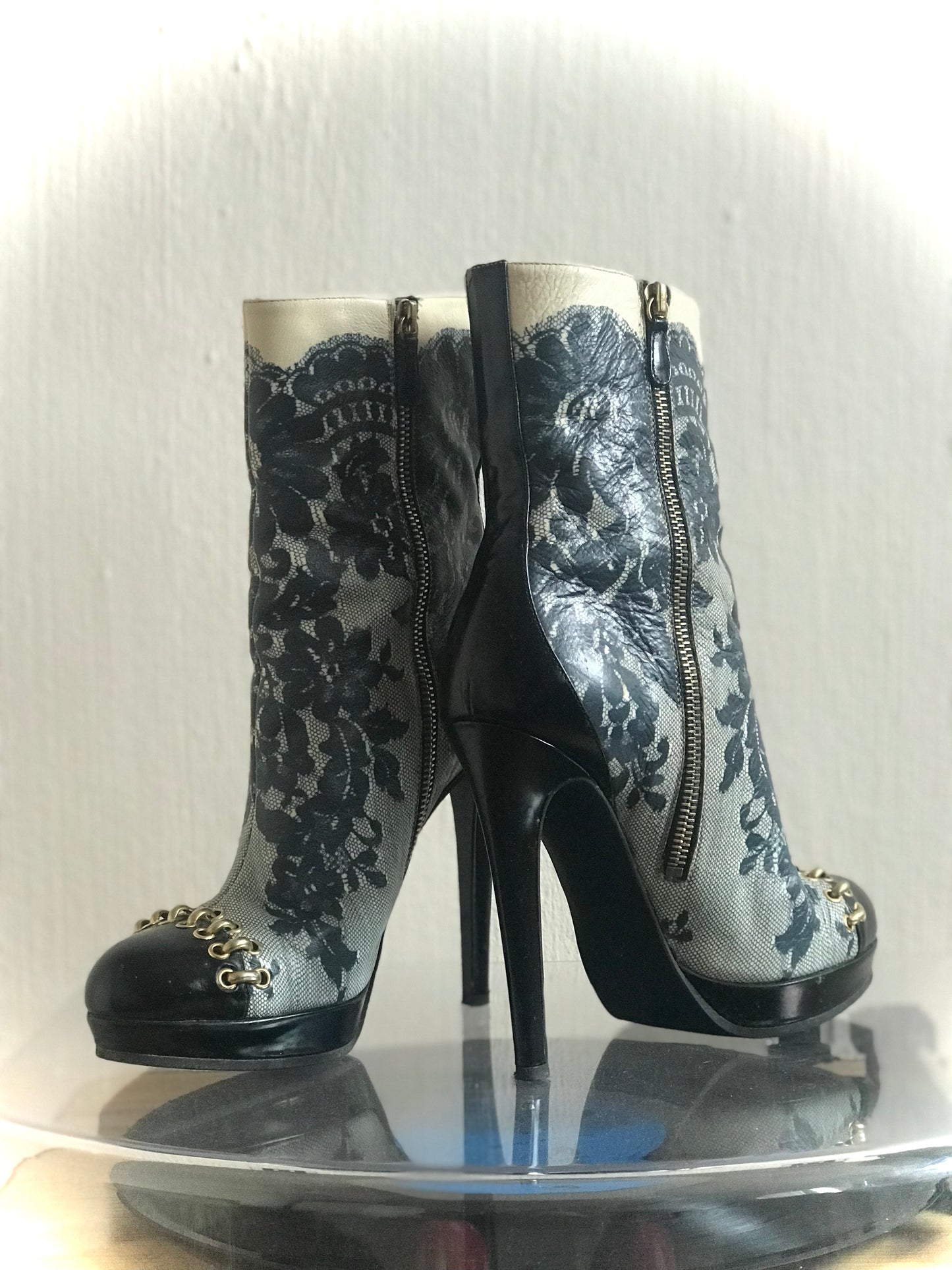 Moschino lace print boots