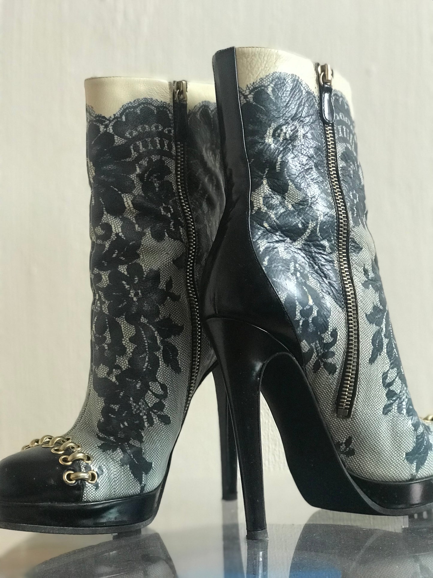 Moschino lace print boots