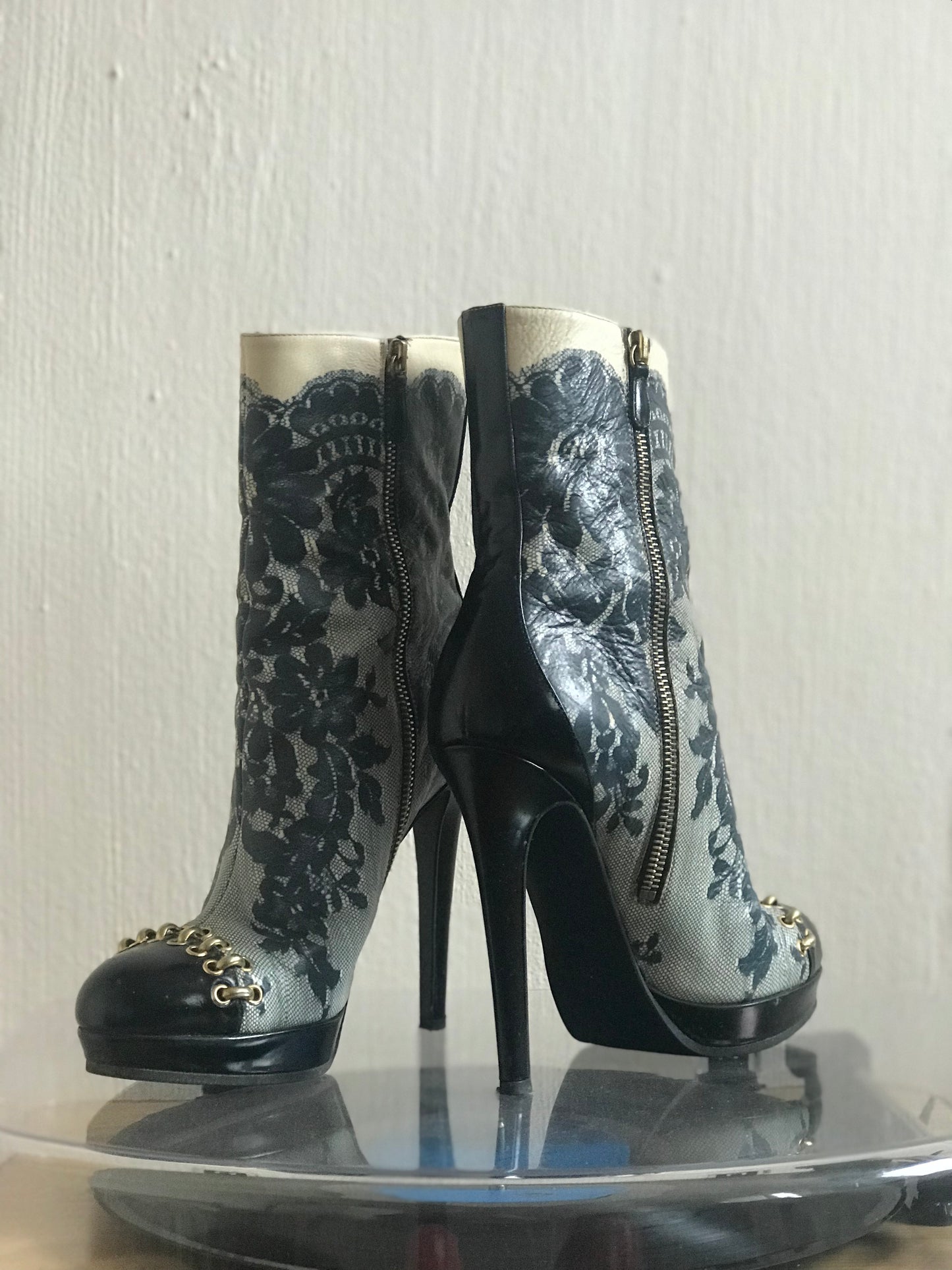 Moschino lace print boots