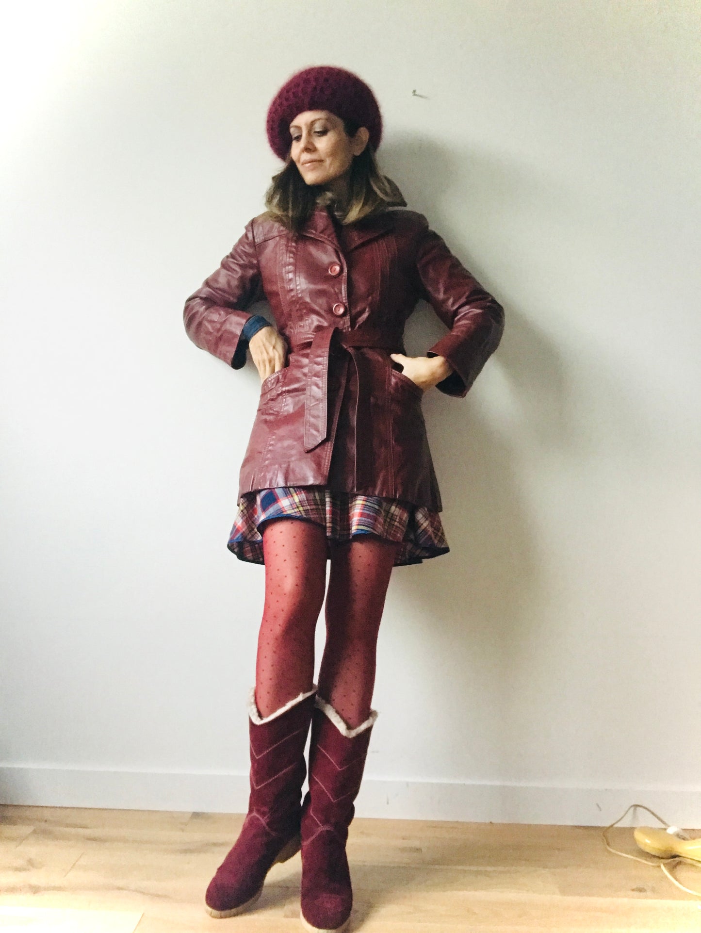 Bordeaux leather trench coat