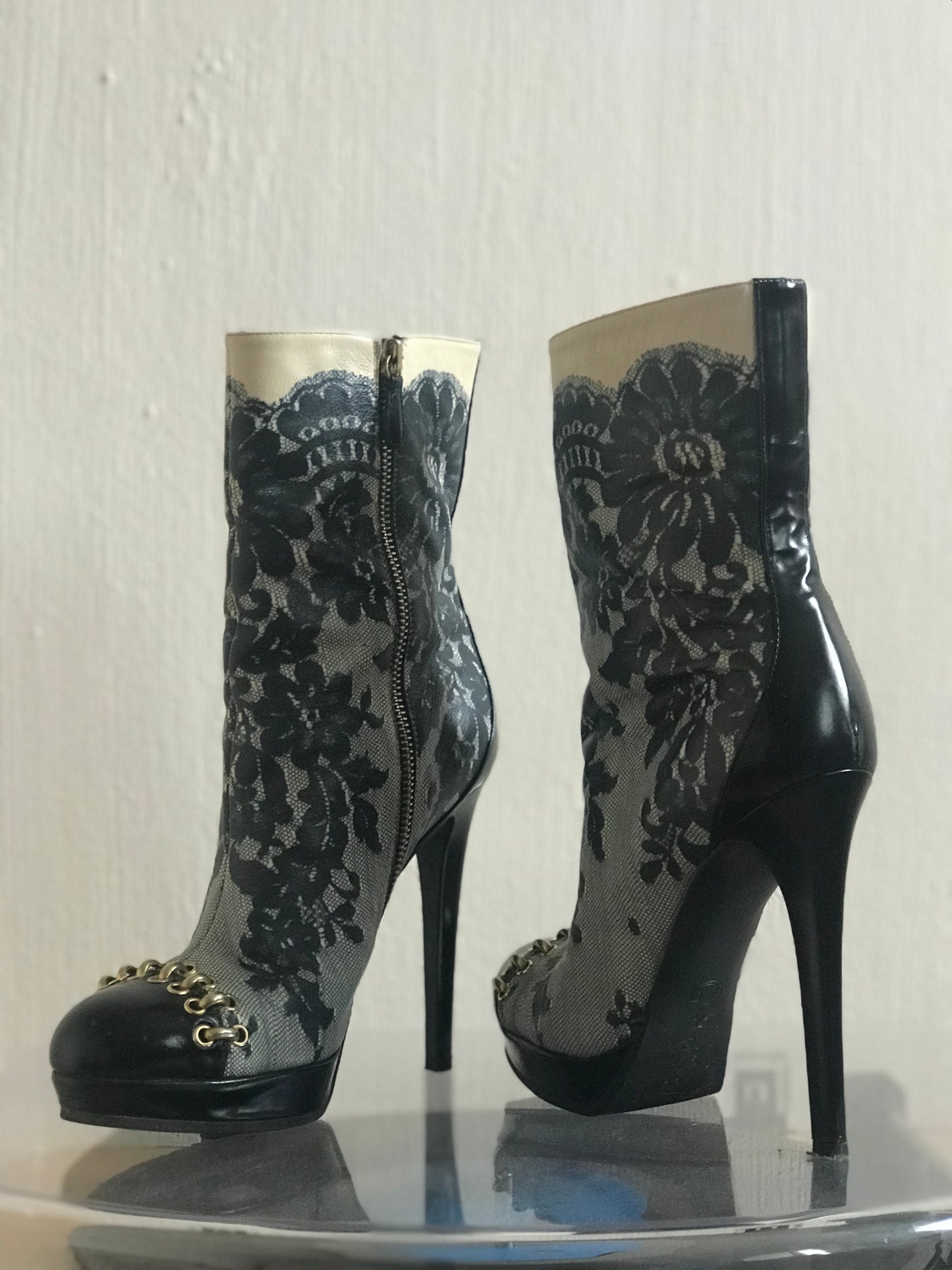 Moschino lace print boots