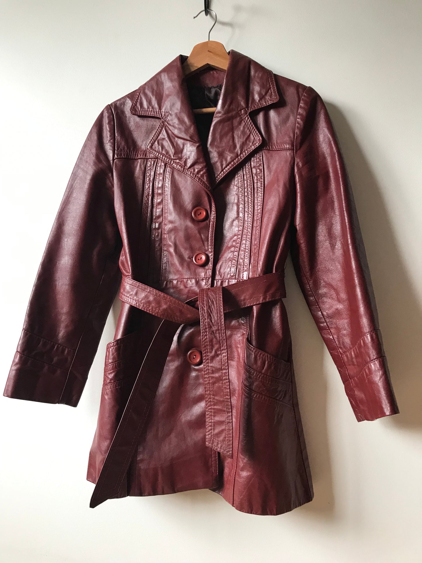 Bordeaux leather trench coat